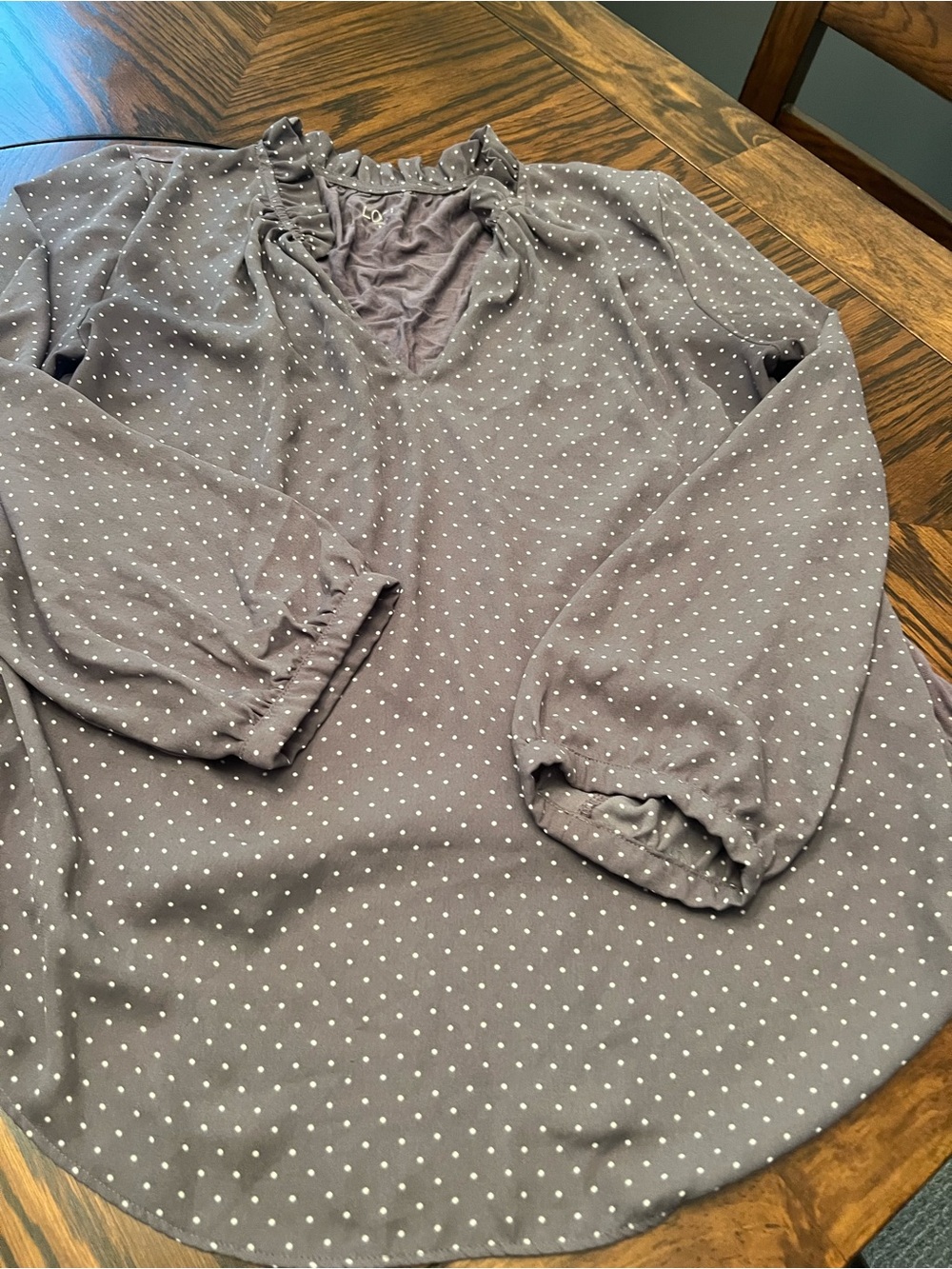 LOFT Outlet Gray White Polka Dot Ruffle Round Neck Long Sleeve Blouse W S # 648